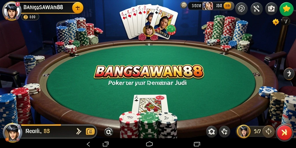Tampilan gameplay poker yang menarik dari BANGSAWAN88 dengan meja yang ramai.