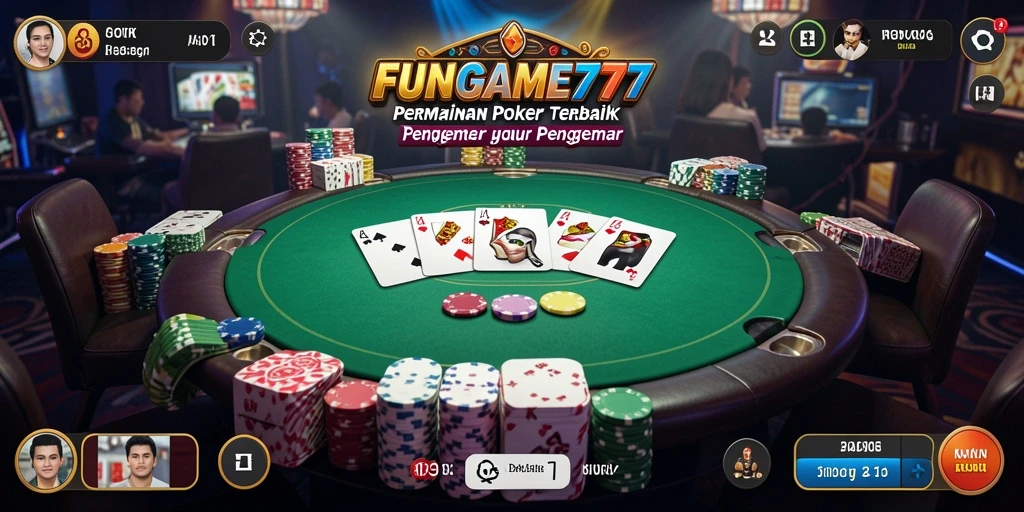Tampilan gameplay FUNGame777 dengan pemain Poker yang serius.