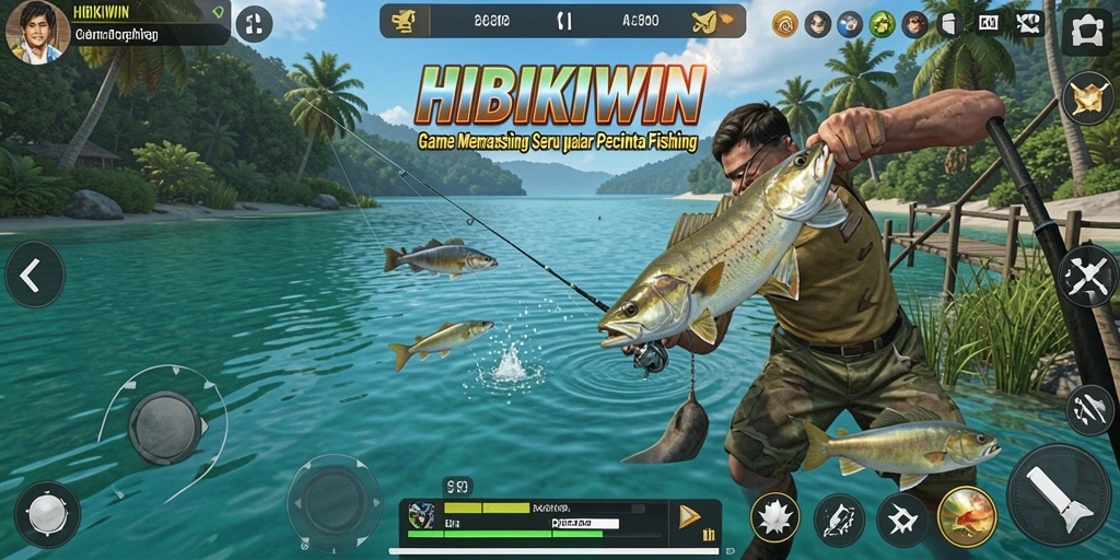 Screenshot gameplay HIBIKIWIN menampilkan aksi seru dalam memancing.