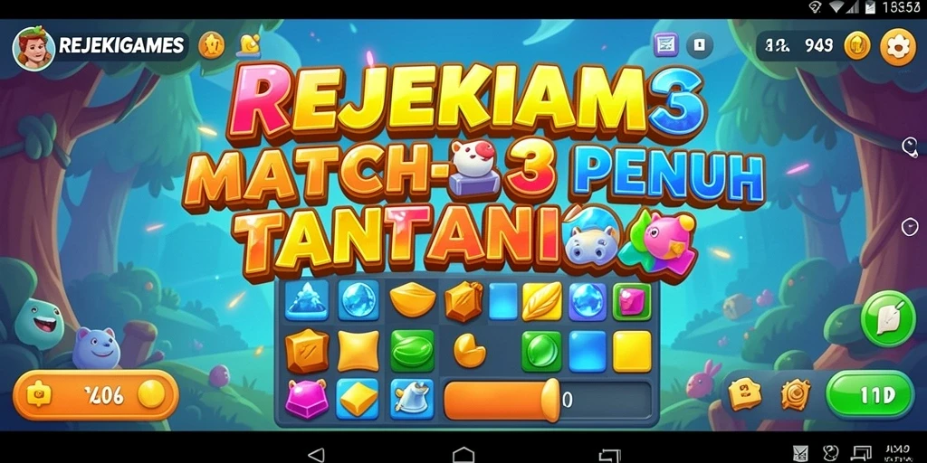 Screenshot utama REJEKIGAMES menampilkan gameplay seru Match-3 dengan kombinasi warna-warni.